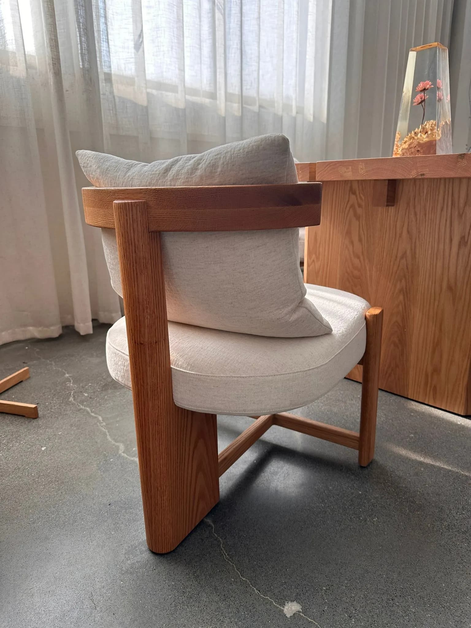 Barrel Accent Chair — wood frame with linen upholstery