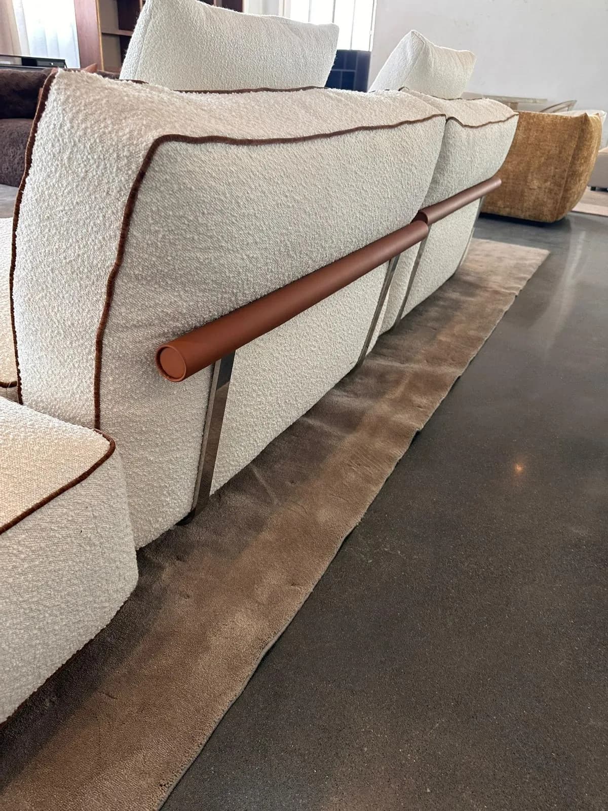 Modern Sectional Sofa — Cream Boucle with Cognac Leather