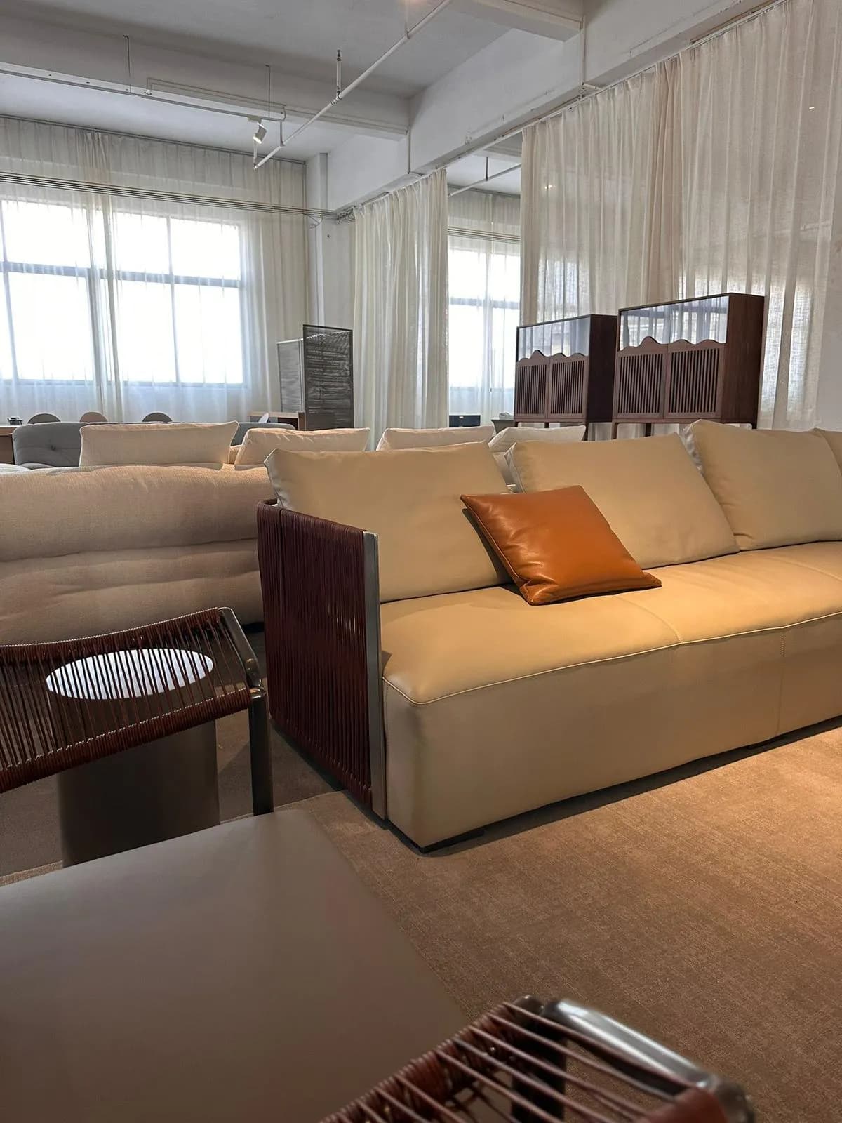 Cream Leather Sectional — Leather upholstery with wooden frame