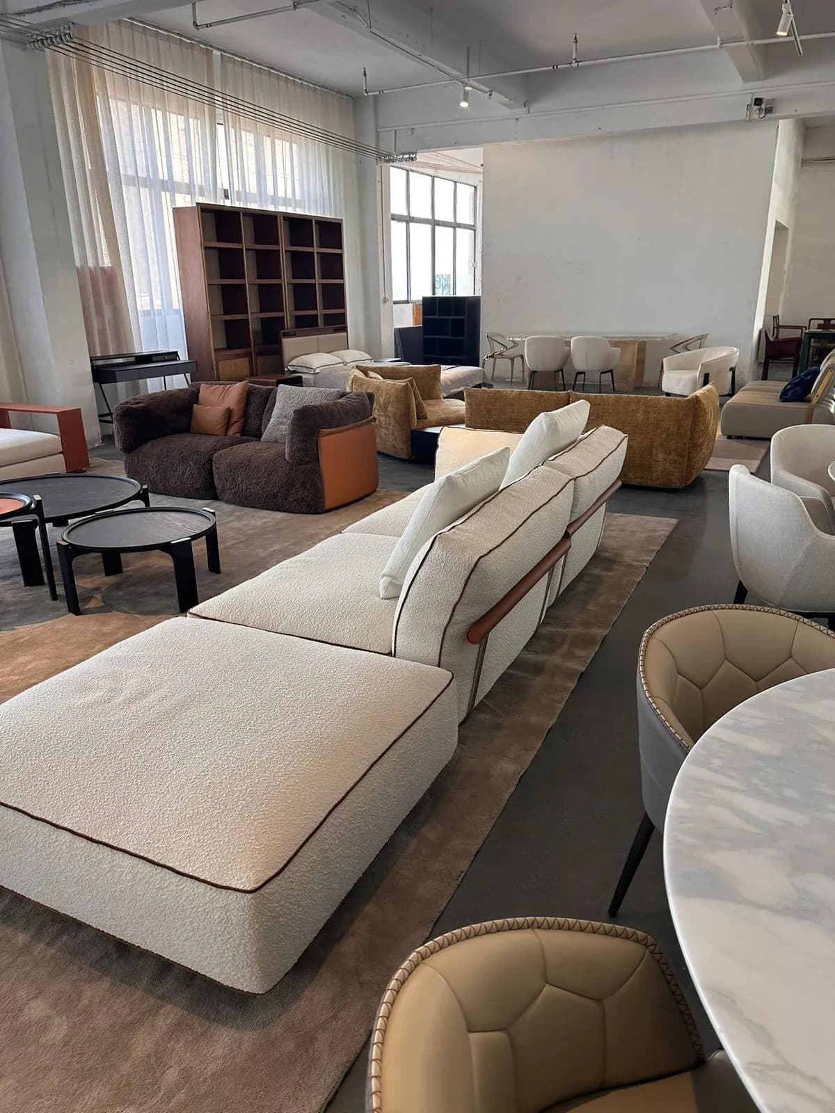 Modern Sectional Sofa — Cream Fabric with Contrast Piping