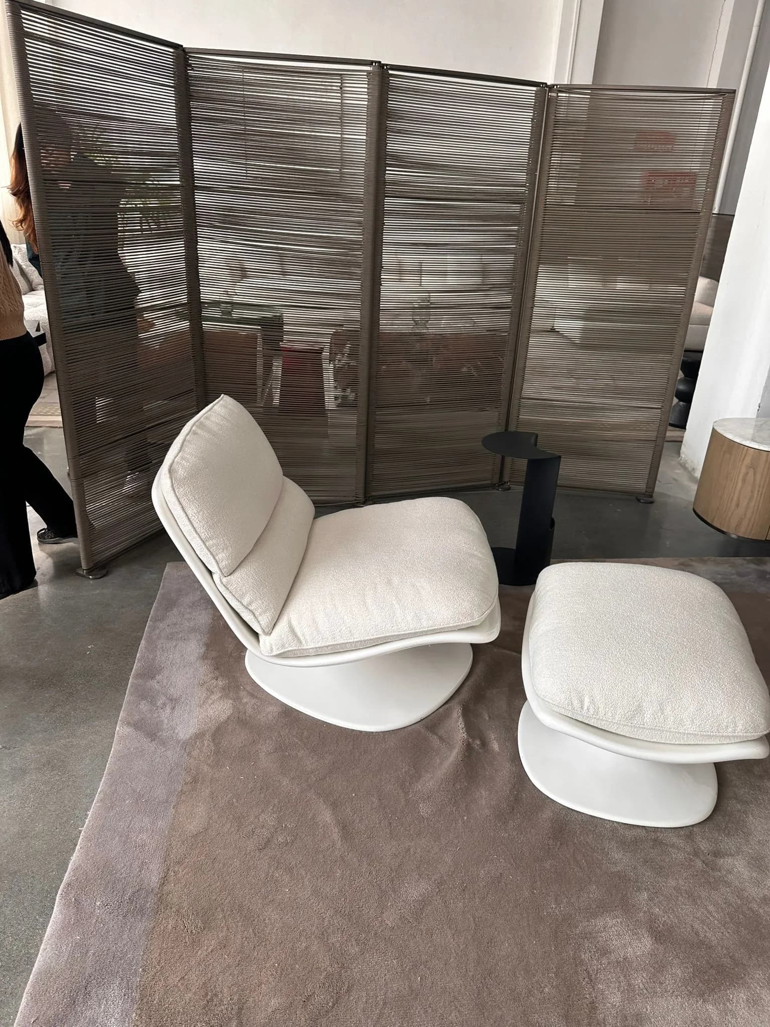 Contemporary Sculptural Lounge Chair — White fiberglass base with cream linen upholstery