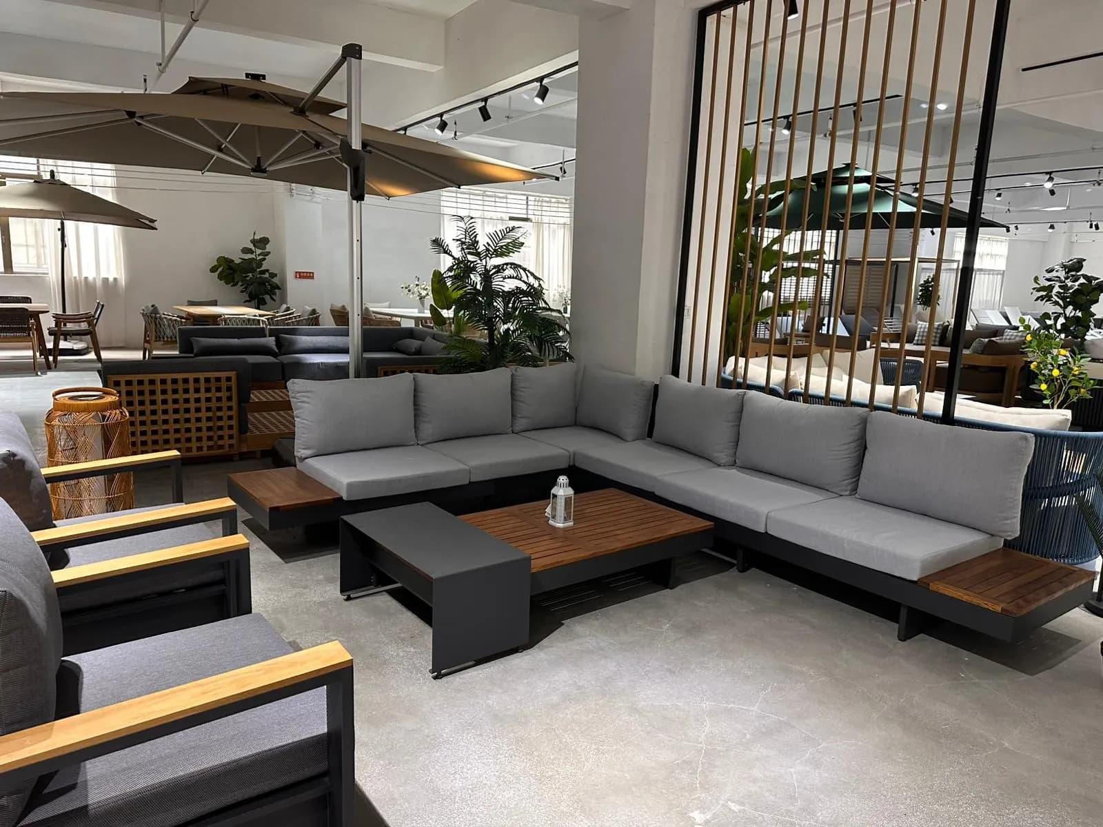 Modular Corner Sectional — gray upholstery with black wood frame