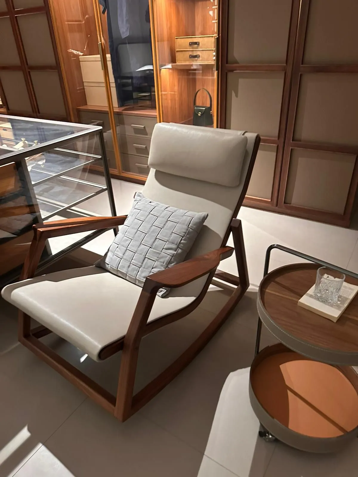 Mid-Century Rocking Chair — Walnut wood and cream leather