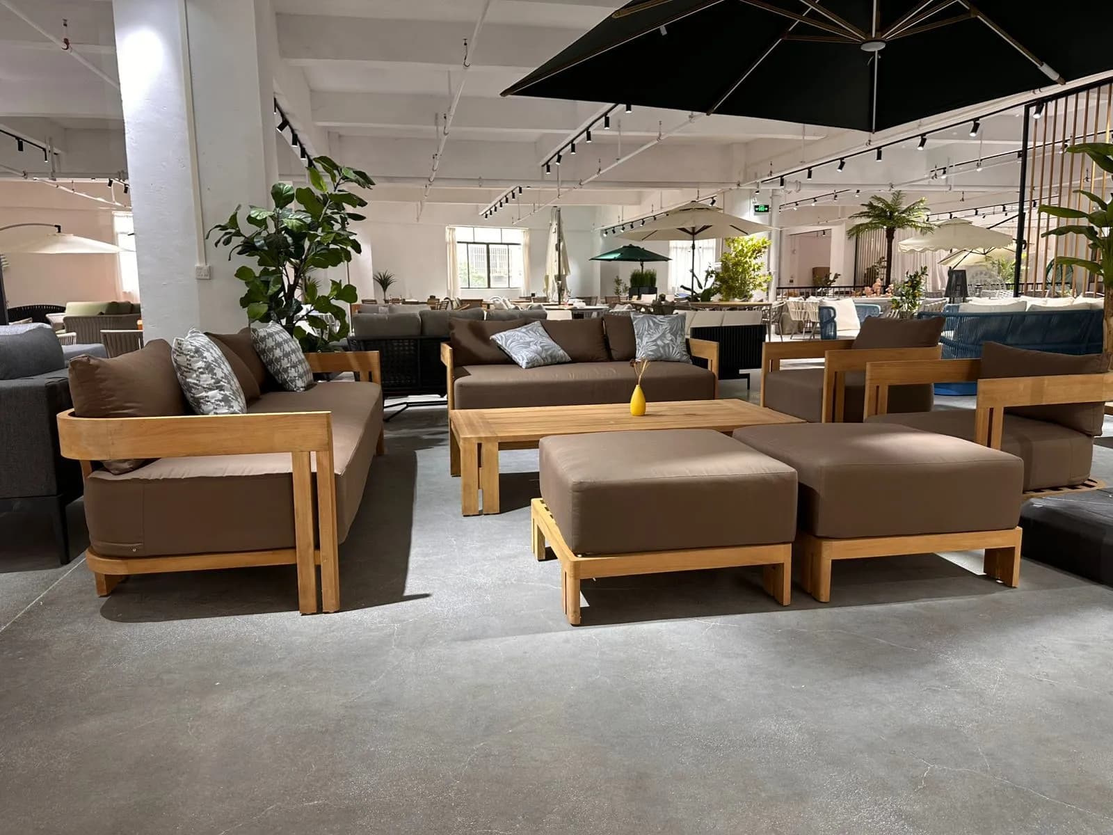 Teak Sectional Lounge — Teak wood and taupe upholstery